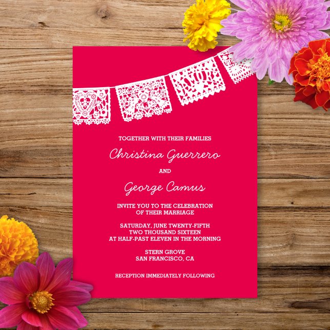 Papel Picado Rosa Quente | Convite Para Casamento (Criador carregado)