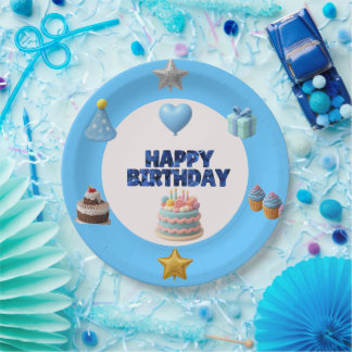 Papel Prato de Aniversário Azul Personalizável