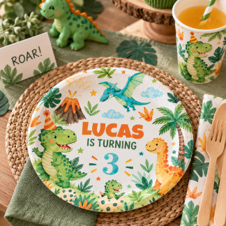 Papel Prato de Aniversário de Dinossauro Personalizado