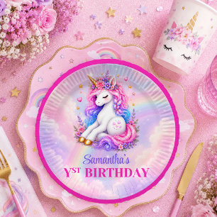 Papel Prato de Aniversário de Menina Colorido Unicórnio