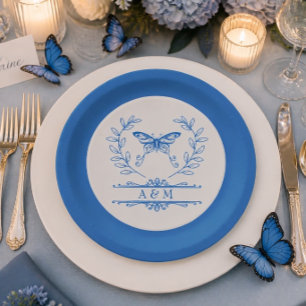 Papel Prato de Casamento Monogramado Borboleta Azul