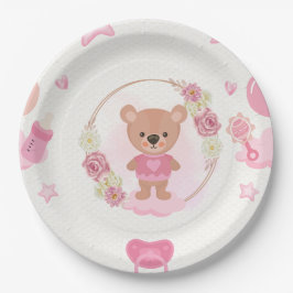 Papel Prato de Chá de Bebê Urso Teddy Rosa