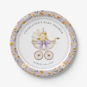 Papel Prato de Chás de Bebê Floral Lavanda Carruagem Ant