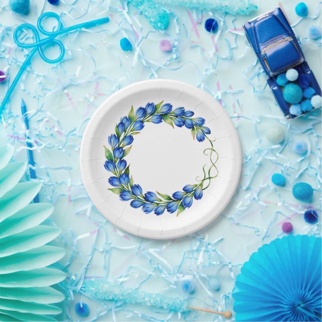 Papel Prato de festa com coroa floral azul (Festa)