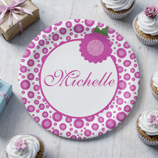 Papel Prato de festa com flor manchada de rosa e texto e