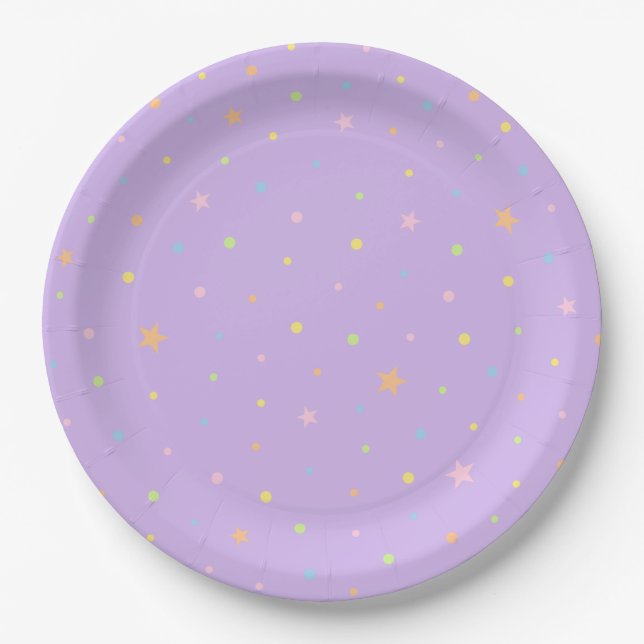 Papel Prato de festa de aniversário com confetes roxos p (Frente)