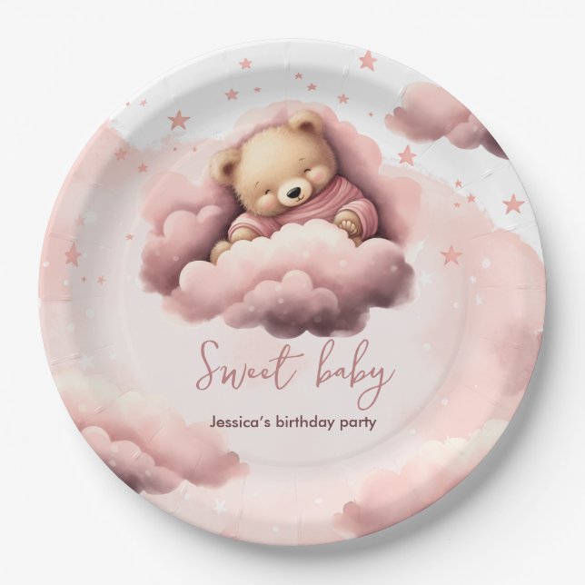 Papel Prato de festa de aniversário de bebê com urso ros (Frente)