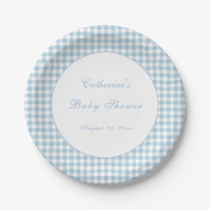 Papel Prato de festa de bebê clássico em gingham azul po