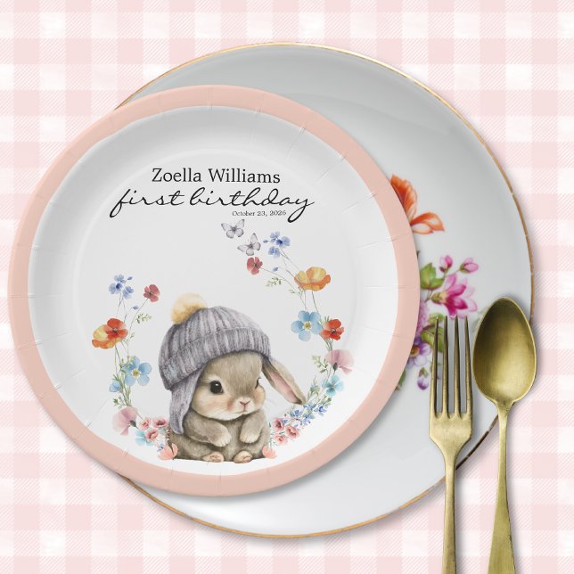 Papel Prato de festa de coelho fofo e elegante com flore (Stylish Cute Bunny Colorful Flower Party Plate 2)