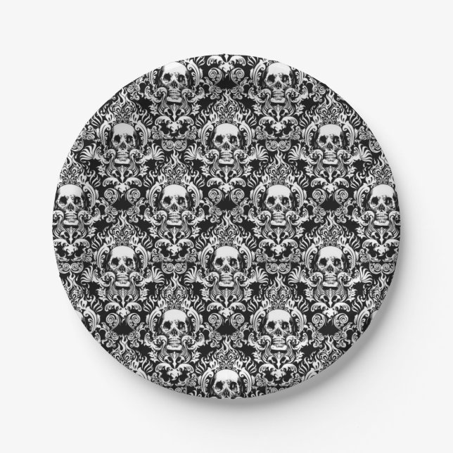 Papel Prato de Jantar Skull Damask (Frente)