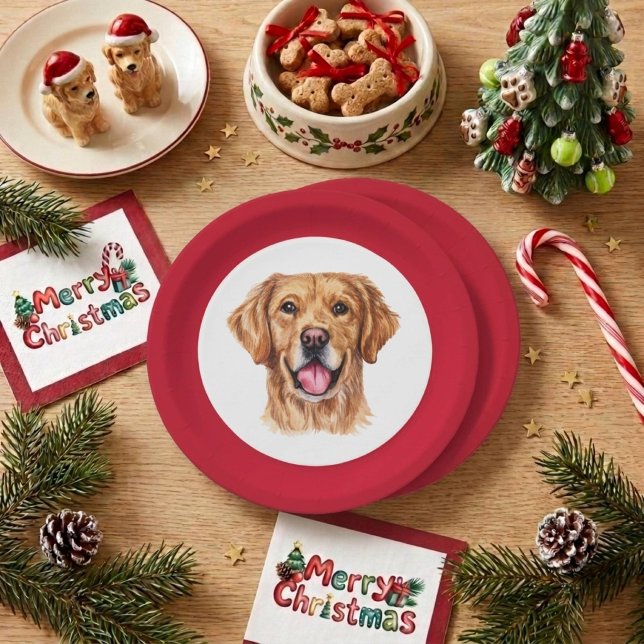 Papel Prato de Natal de Cachorro Dourado Retriever Fofo (Criador carregado)
