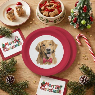 Papel Prato de Natal de Cachorro Golden Retriever Fofo