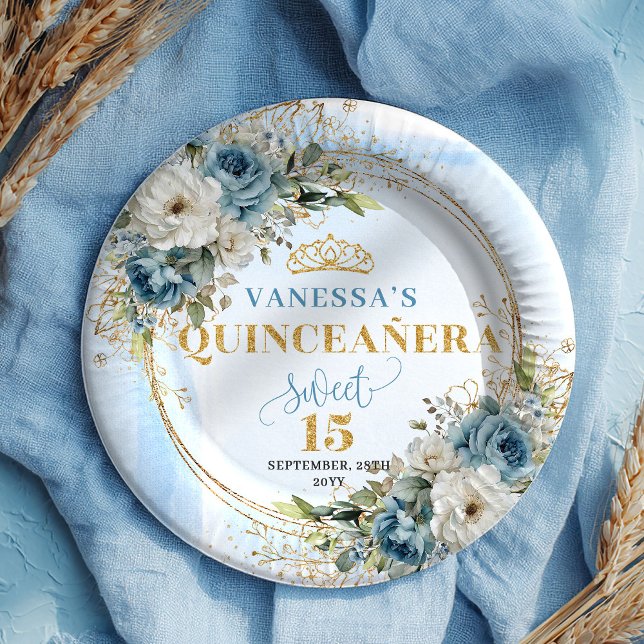Papel Prato de Quince Personalizado com Flores Azuis e B (Dusty Blue Floral Gold Glitter Custom Quince Plates)