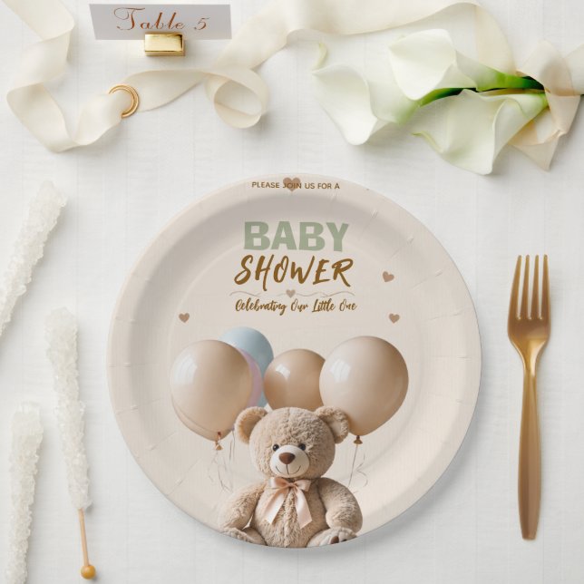 Papel Prato de Serviço para Chá de Bebê Urso Teddy Fofo (Casamento)