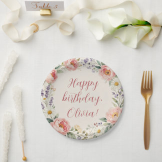 Papel Prato Personalizado de Flores para Feliz Aniversár