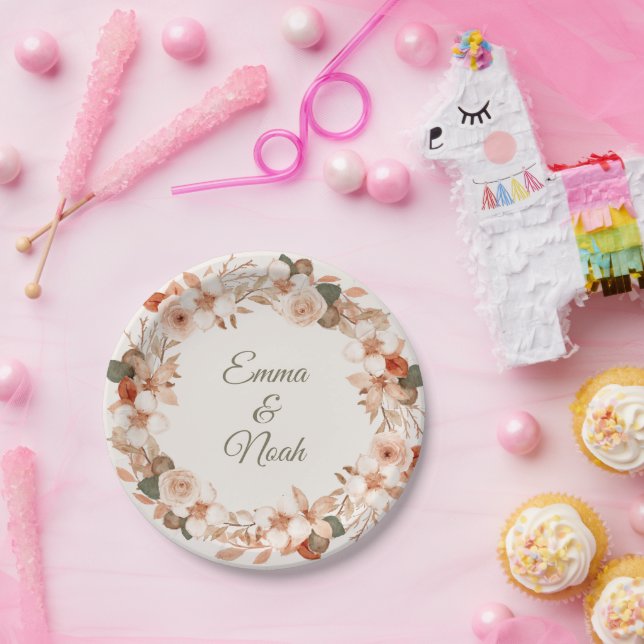 Papel Prato Redondo de Jantar com Flor de Aquarela (Festa)