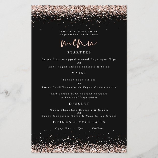 PAPEL | Rosa Dourado Menu Preto de Casamento com L (Frente)