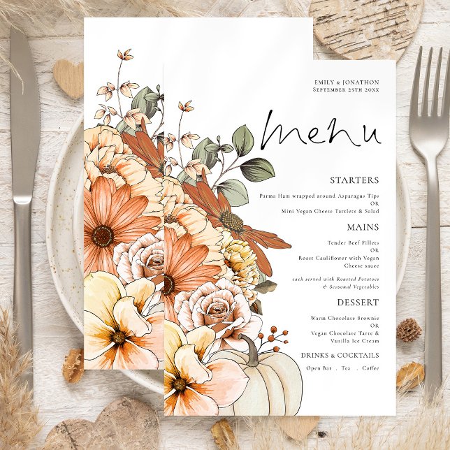 PAPEL Rustic Fall Florals Pumpkin Weding Menu (Front and back view)