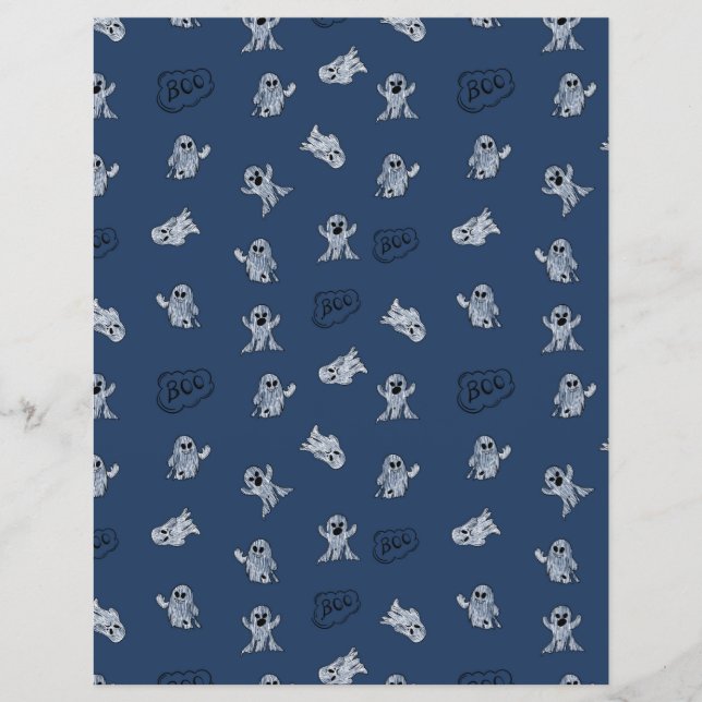 Papel Scrapbook com Fantasma Boo do Halloween Azul (Frente)
