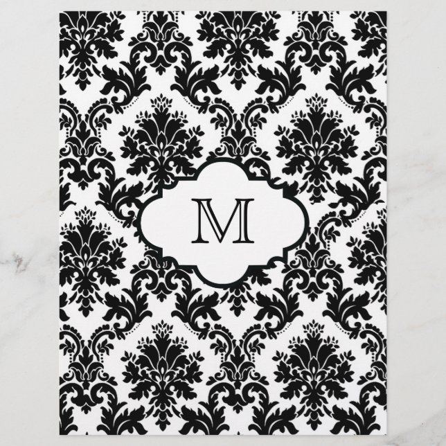 Papel Scrapbook Damask Monograma Branco Chic Black (Frente)