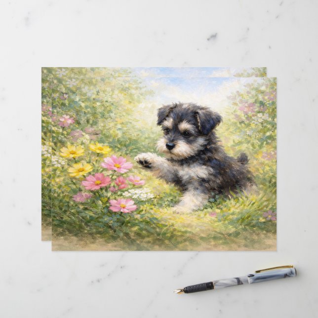 Papel Scrapbook de Filhote de Schnauzer Flores de  (Frente/Verso In Situ)