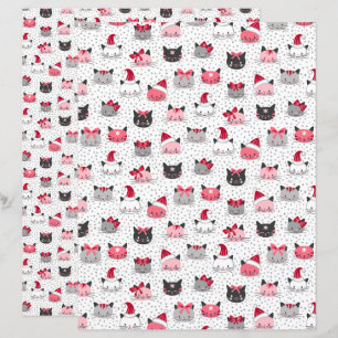 Papel Scrapbook Gatos de Natal com Chapéus de Papa