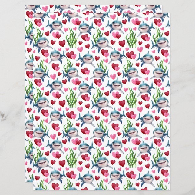 Papel Scrapbook para Namorados de tubarão (Frente/Verso)