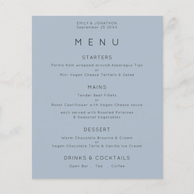 PAPEL | Simples Texto Dusty Blue Weding Menu (Frente)