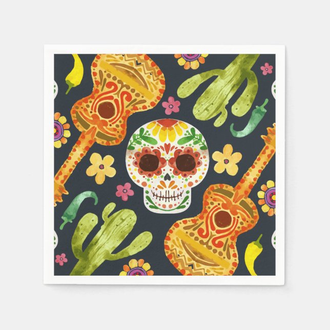 Papel Sugar Skull e Guitars Dia de Muertos | Guardanapo (Frente)