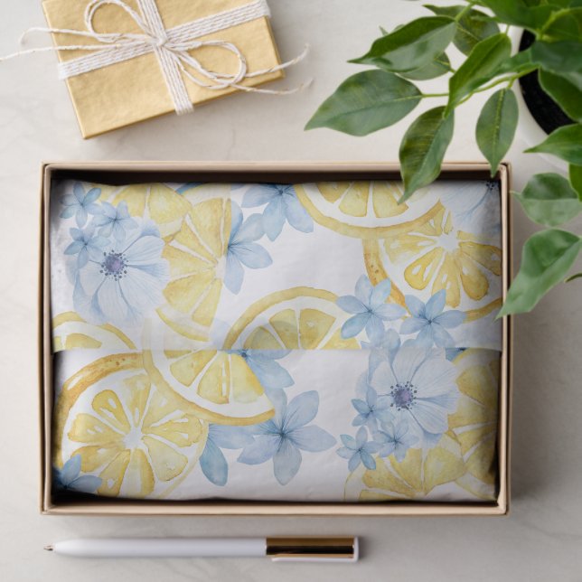 Papel Tecido de Flores e Limões Fatiados em Aquare (Presente)