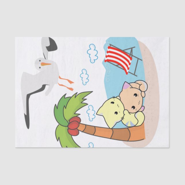 Papel Tecido Gaivota Gato Cachorro Palm Tree Beach (Frente )