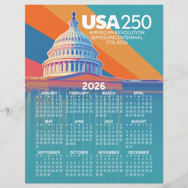 Papel Timbrado 2026 Calendar with USA 250 Capital Dome America (Frente)