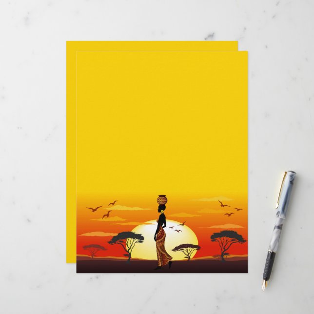 Papel Timbrado A linda mulher africana Silhouette sobre os sóis a (Frente/Verso In Situ)