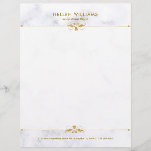 Papel Timbrado Acento Dourado Floral de Mármore Branco Personaliz
