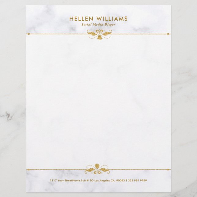 Papel Timbrado Acento Dourado Floral de Mármore Branco Personaliz (Frente)