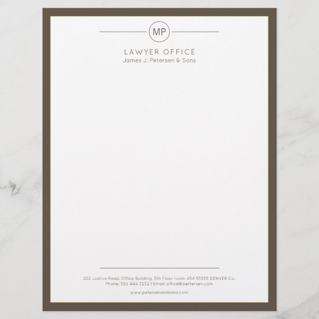 Papel Timbrado Advogado de monograma branco castanho-escuro (Frente)