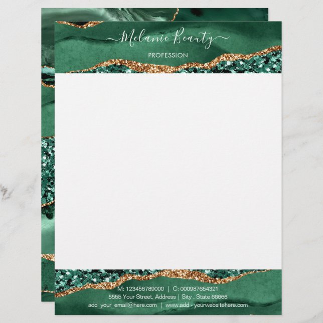 Papel Timbrado Agate Green Dourado Glitter Emerald Modern Letterh (Frente/Verso)