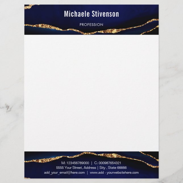 Papel Timbrado Agate Marinho Azul Dourado Sua Letterhead Personal (Frente)