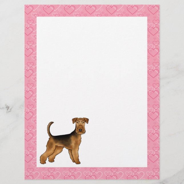 Papel Timbrado Airedale Terrier Cartoon Dog Heart Pattern Pink (Frente)