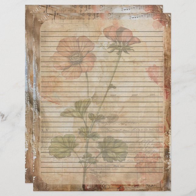 Papel Timbrado Anemone Flower Old Manuscript (Frente/Verso)