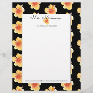 Papel Timbrado Aquarela à Mão Hibisco Amarelo Script Verão