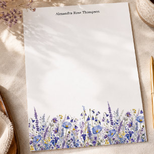 Papel Timbrado Aquarela de Flor Silvestre Roxa Azul Personalizada