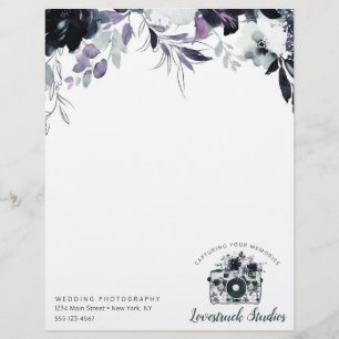 Papel Timbrado Aquarela Floral Noturna Navy Logotipo Personalizad