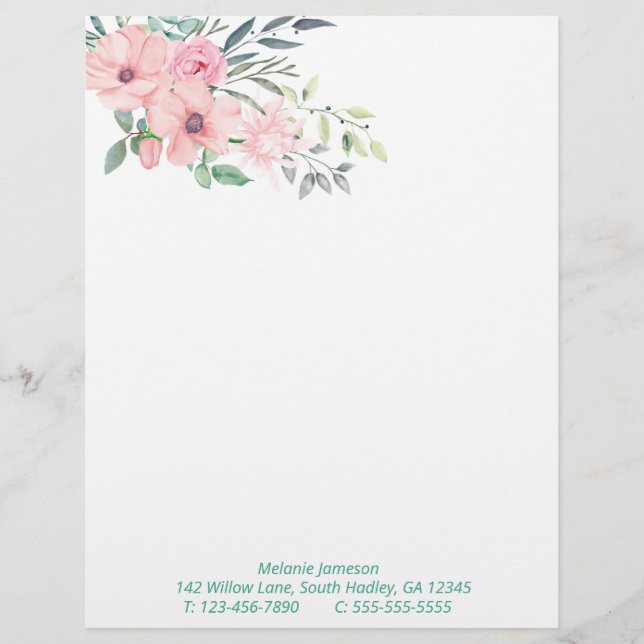 Papel Timbrado Arranjo Simples de Flores Rosa e Botânica (Frente)