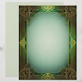 Papel Timbrado Art Deco Fan Frame on Green Stationery Paper