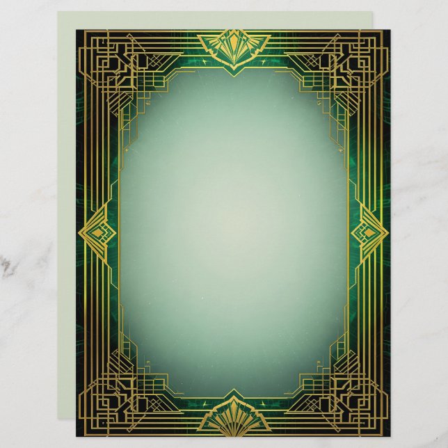 Papel Timbrado Art Deco Fan Frame on Green Stationery Paper (Frente/Verso)