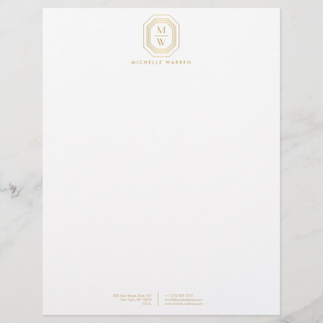 Papel Timbrado Arte Deco Monograma Empilhado Dourado/Branco (Frente)