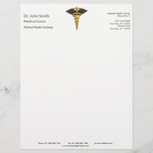 Papel Timbrado Asas Negras Médicas Elegantes de Caduceus Dourado 