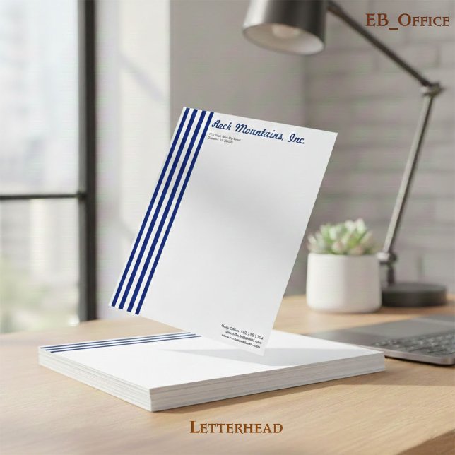 Papel Timbrado Azul Marinho Chic & Listras Verticais Brancas Prof (Criador carregado)