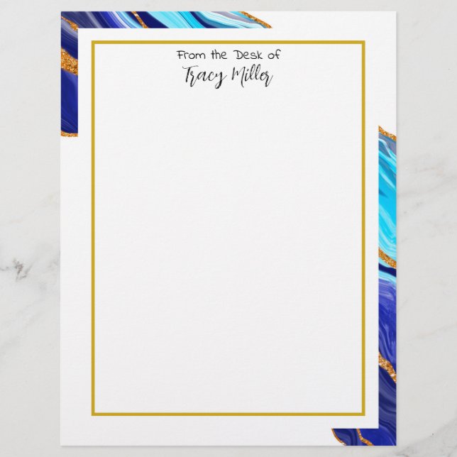 Papel Timbrado Azul Rico personalizado e mármore Dourado (Frente)